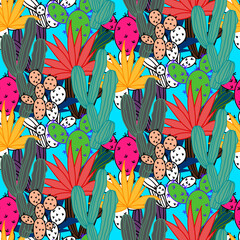 Vector seamless half-drop pattern, with cactus