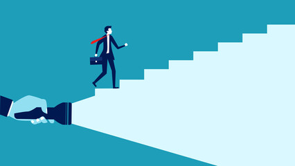 Light guides to success. Businessman walking up the stairs light