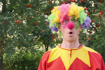 Funny, colorful clown in a wig. Surprised clown. Cheerful person. Joy, entertainment, holiday...
