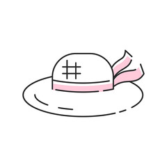 Straw hat icon. Vector outline beach hat with pink ribbon silhouette. Simple line art summer beach modern graphic for web design, mobile app, logo concept.