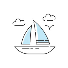 Ship or yacht icon. Vector outline boat silhouette. Simple line art voyage or cruise summer modern graphic for web design, mobile app, logo concept.
