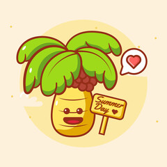 kawaii cartoon coconut tree with happy expression celebrating summer with love