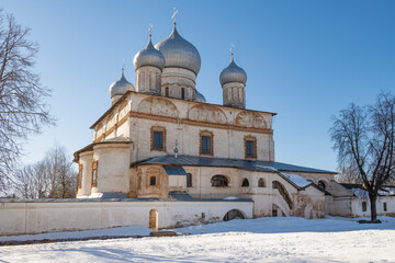 At the ancient Cathedral of the Sign on a sunny March day. Veliky Novgorod, Russia
