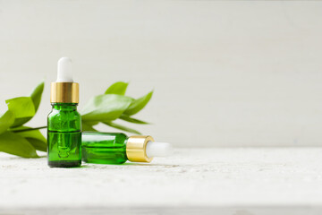 Eco cosmetic products for skin care of the face, body. Glass cosmetic bottles with natural essential oil, vitamin and prebiotic serum for health. banner