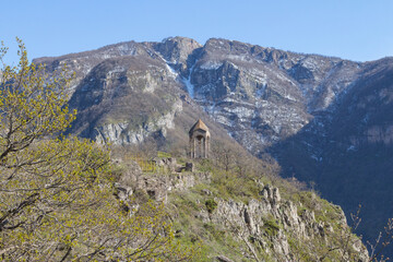 Fototapeta na wymiar View of the historic observation deck Halidzor in the mountains near the Tatev Monastery. Armenia