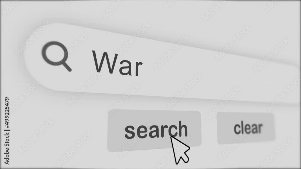 Poster war typing on search bar with click animation.vintage monitor screen. searching the word on internet