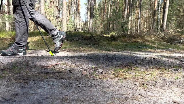 MĘŻCZYZNA UPRAWIAJĄCY NORDIC WALKING. SPACERUJĄCY MĘŻCZYZNA PO LESIE. SPACER PO LESIE W OKRESIE WIOSNY.