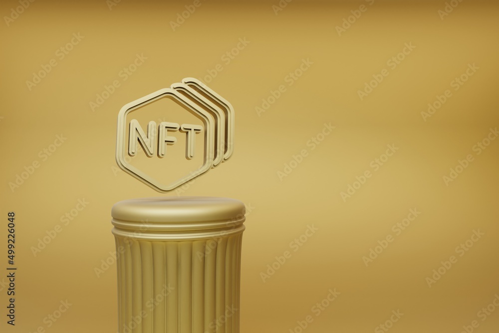 Fototapete Beautiful abstract illustrations golden NFT Collection symbol icons on a golden column and wonderful background. 3d rendering illustration. Background pattern for design.