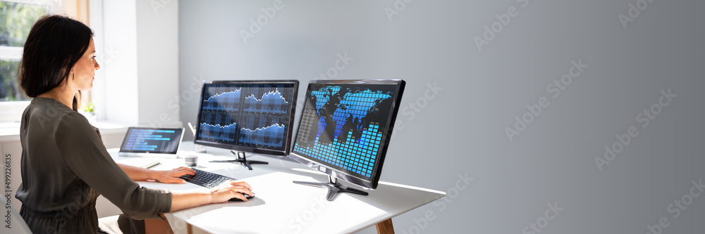 Poster stock market broker analyzing graph on computer