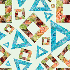 Watercolor pattern geometry and leaves, square and triangle on a gentle green background for your design