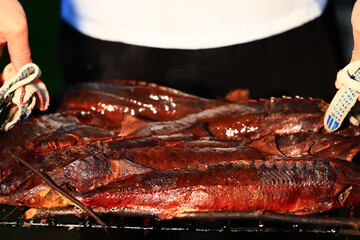 smoked fish sturgeon smoke in the smokehouse
