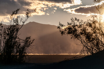 Back-lit sand blowing up by heavy winds near stovepipe wells in Death Valley national park, California.