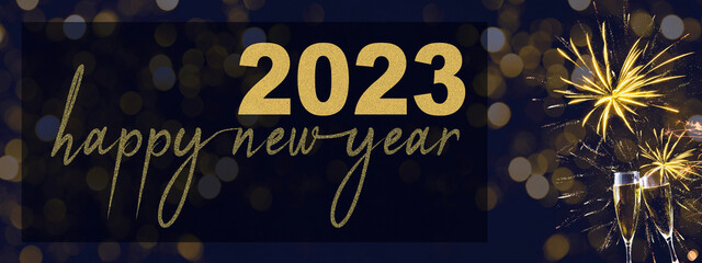 HAPPY NEW YEAR 2023 - Festive silvester background panorama banner long - Golden yellow firework...