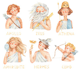 Ancient greek gods and goddesses set. Zeus, Apollo, Aphrodite, Athena, Hermes, Cupid. Watercolor hand-drawn greece, myth, culture, history illustrations 