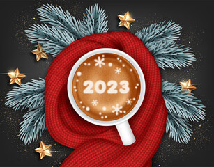 Cup of coffee swathed in scarf. Background for New Year or Christmas card