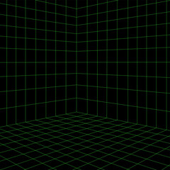 Grid room in perspective, vector illustration in 3d style. Indoor wireframe from green lines, template interior square, digital empty box. Laser beam on black background