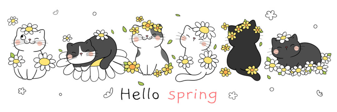 Draw funny cat with flower for spring Doodle cartoon style