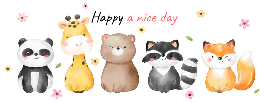 Draw happy animal with flower for spring Watercolor style