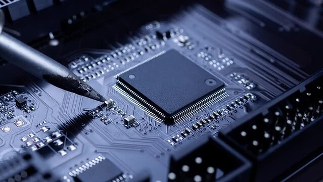 The hand holding the tin, a soldering iron solder the chip in place. Computer repair. Macrophotography.

