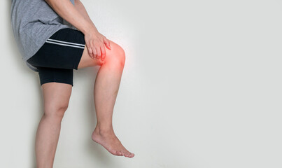 Human leg osteoarthritis inflammation of bone joints on white background - obrazy, fototapety, plakaty