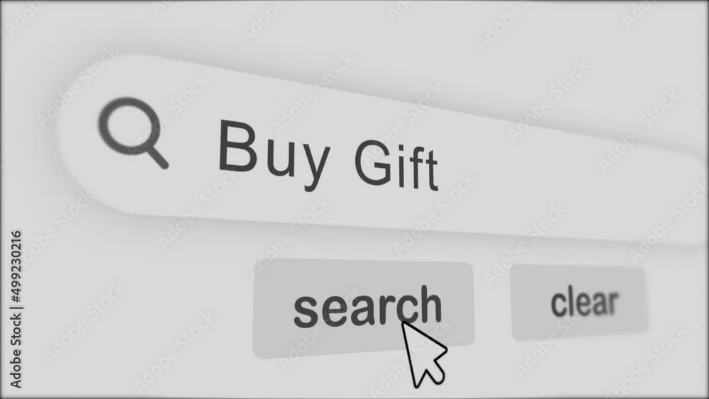 Poster buy gift typing on search bar with click animation.vintage monitor screen. searching the word on int
