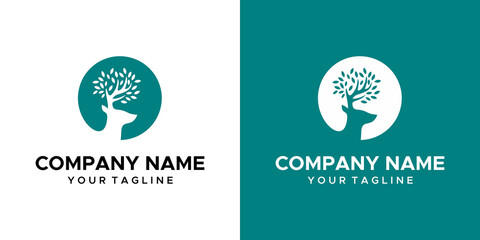 a deer and tree themed graphic image, on a teal and white background. vector graphics base.