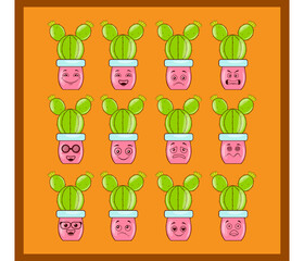 Colorful cartoon kawaii cactus and pots with different emotions. Life is better with a cactus.