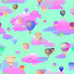 Vektorbild, nahtloses Muster von Luftballons auf dem Hintergrund von rosa Wolken