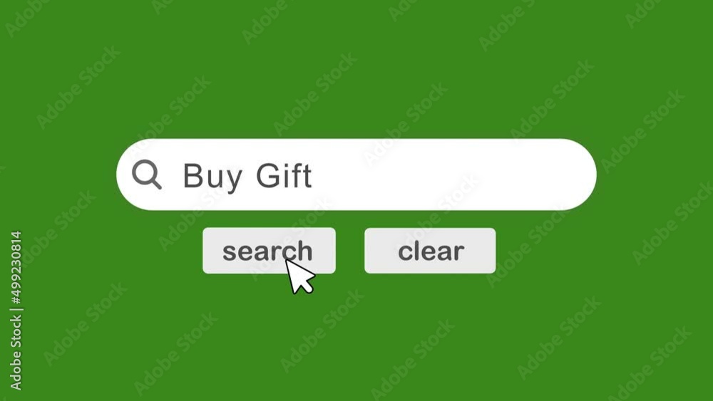 Poster buy gift typing on search bar with click animation on green background.searching the word on interne