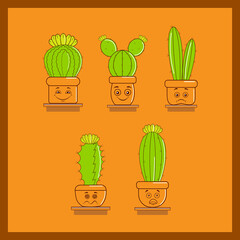 Colorful cartoon cactus and pots with different emotions