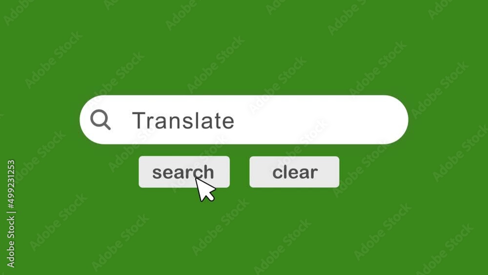 Poster translate typing on search bar with click animation on green background.searching the word on intern