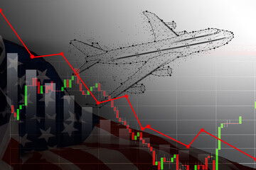 Airplane on city background with digital business chart interface. Technology concept. Double...