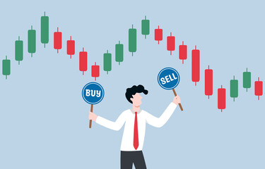 Time decision to invest in stock market, opportunity to buy or sell in cryptocurrency trading, foreign exchange concept. businessman holding buy sign and sell sign while looking at candlestick chart.