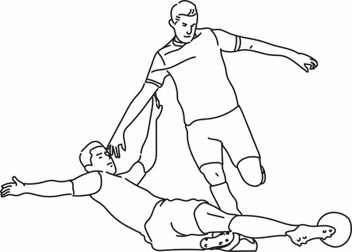 Line Art of one footballer tackle to each other in a football game