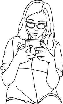 Line Art of a pretty girl with glasses texting with a phone