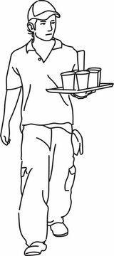 Line Art of a walking man with a cap selling beverages