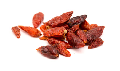 dry small bird eye chili peppers isolated on white background 
