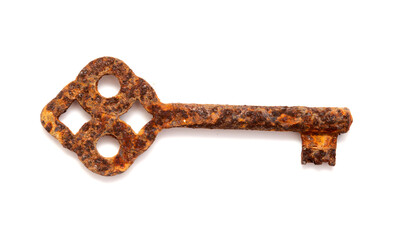 Old very rusty key isolated on white background 