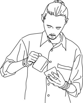 Line Art of a Male bearded Barista with ponytail pouring coffee into cup