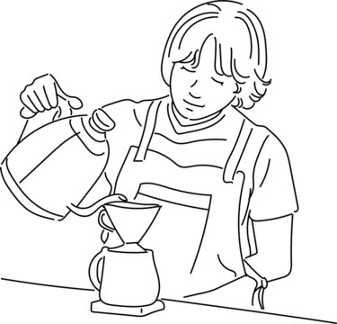 Line Art of a Barista pouring hot water, this image contains female Barista, located in coffee shop