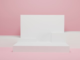 A square podium and a minimal pink and gold wall set. 3d minimal abstract background renders pink and pastel gold abstract geometric shapes.
