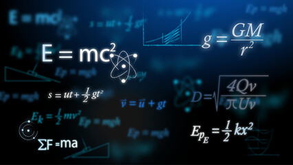 Complex mathematical or physics equations on a black or dark blue background such as Albert Einstein's general relativity and Sir Isaac Newton's laws of motion. physics education.