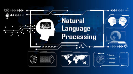 Abstract image of NLP or natural language processing on a dark blue background and white letters instructs the brain to work and communicate with people around the world. AI NLP brain commanding.