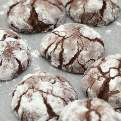 Fototapeta na wymiar Home made chocolate cookies with crackled icing sugar coating 