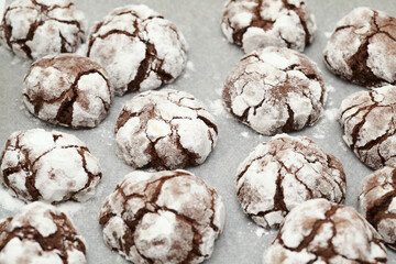 Home made chocolate cookies with crackled icing sugar  coating 