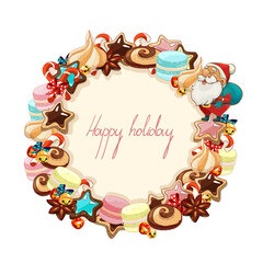 christmas sweet wreath Christmas sweets, cookies, sweets, saffron, marshmallows, Santa Claus, colorful images of cookies and cakes arranged in a circle, text happy holidays