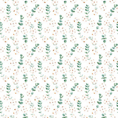 Watercolor seamless pattern with green eucalyptus and cotton flowers