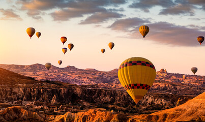 Top view of hot air balloon festival in Cappadocia, Turkey