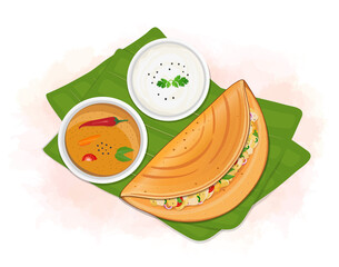 Dosa vector illustration with coconut chutney and sambhar on banana leaves from the top view