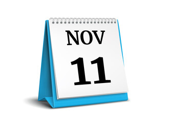 Calendar on white background. 11 November. 3D illustration.
